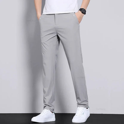 Ultra-thin Elastic Men's Casual Trousers Summer Quick-drying Ice Silk Slim Straight Business Solid Color Trousers Black Gray.