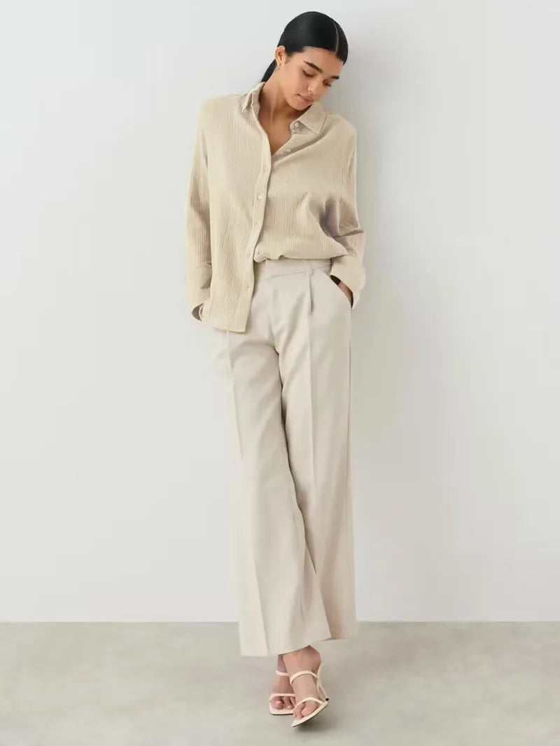 Muslin 100% Cotton Gauze Crepe For Women Shirts Blouse Turn Down Long Sleeve Single-Breasted Office Lady Loose Top Blusas Mujer