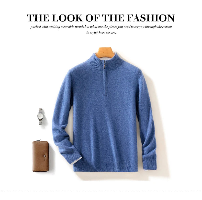 Autumn Winter Men's 100% Merino Wool Sweater Mock Collar Half Zip Knitted Pullover Cashmere Sweatshirt Casual Long Sleeved Tops.