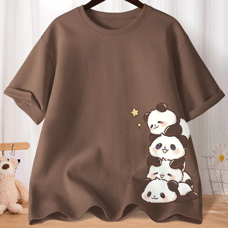 Summer Cartoon Cute Treasure Panda Sweet Printed Short Sleeve T-shirt Women's Loose Leisure Soft Bottom Oversized Shirt Top.