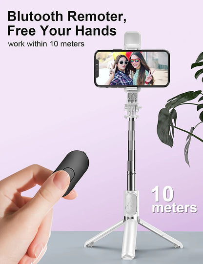 Wireless Bluetooth Selfie Stick Foldable Portable Tripod with Fill Light Shutter Remote Control for Android iPhone Smartphone.