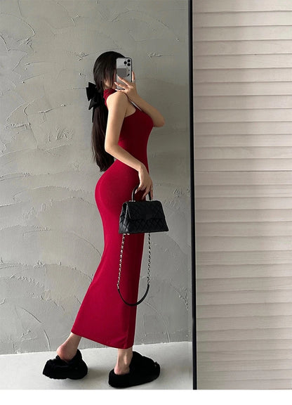 Rot Dünne Sexy Rollkragen Midi Kleid Frauen Abend Party Damen Elastische Hüfte Wrap Elegante Bodycon Kleider Y2k Kleidung.