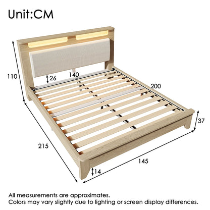 KOMHTOM Holzbett, Kopfteil mit Stauraum, LED-Beleuchtung und beigefarbener Cordpolster-Rückenlehne (Ohne Matratze)