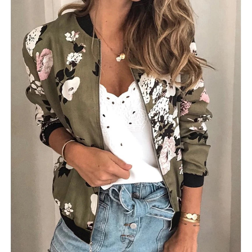 Women Elegant Zipper Bomber Jacket Spring Autumn Floral Printed Jackets Office Wear Slim Office Coat Retro Outwear.