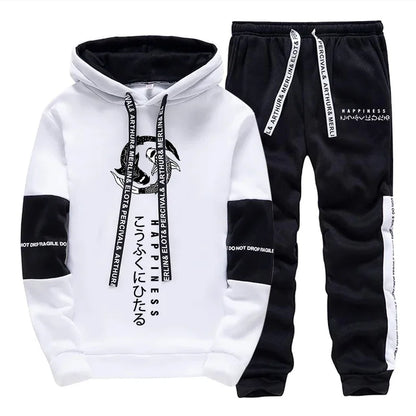 Japanese Fashion Hoodies Sweatpants Men's Hooded Long Sleeved Tracksuit 2pcs Set Harajuku-style All Season Casual Sporty Outfits.