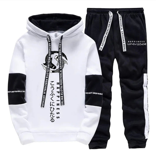 Japanese Fashion Hoodies Sweatpants Men's Hooded Long Sleeved Tracksuit 2pcs Set Harajuku-style All Season Casual Sporty Outfits.