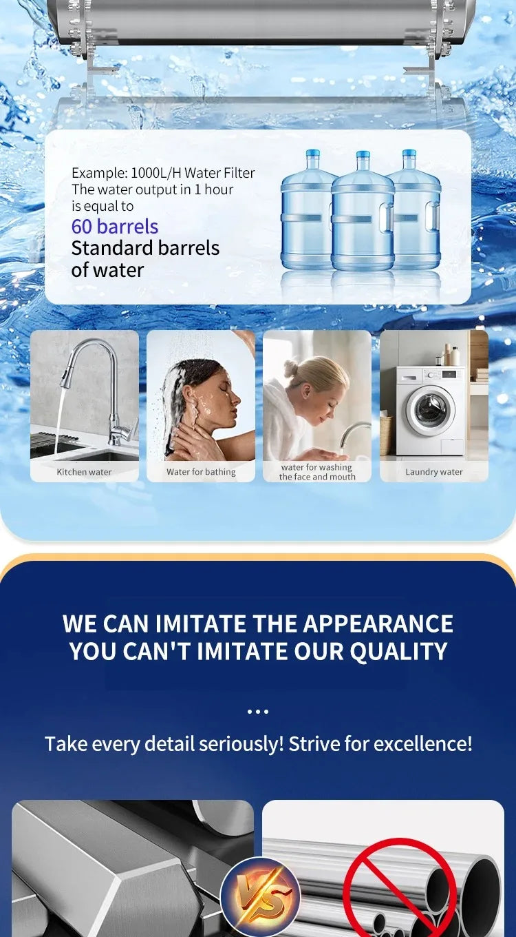 DIVEDEER 600L~3000L household water filter PVDF ultrafiltration purifier with washable pipe type direct drinking water kitchen.