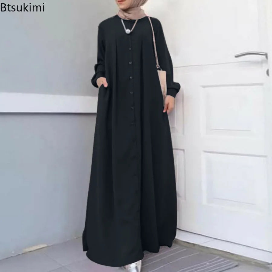 2025Spring Autumn Maxi Long Dress Women Muslim Long Sleeve Dress Loose Casual Dresses Vintage Hijab Islamic Clothing Caftan Robe.