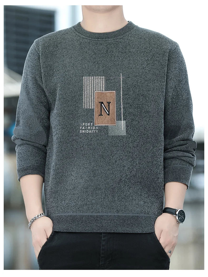 Autumn Winter Fashion Sweater Men's Round Neck Pullovers Fleece Thick Warm Jumpers Pattern Patchworked Men's Clothes