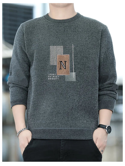 Men's Sweater Patckwork Round Neck Pullovers Fleece Lined Thick Warm Winter Knitwear Fashion Jumpers Men's Clothes.