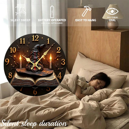 Wizard Hat & Books Runde, geräuschlose Wanduhr aus Holz zum Aufhängen, geeignet für Wohnzimmer, Büro, Arbeitszimmer, Schlafzimmer, Heimdekoration