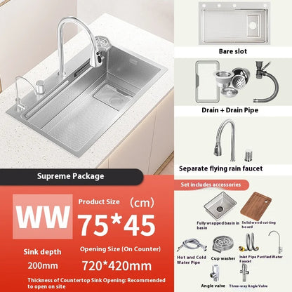 Silver 304 Stainless Steel Waterfall Kitchen Sink Multifunctional Scratch and Wear Resistant Large Single Slot Undermount Basin