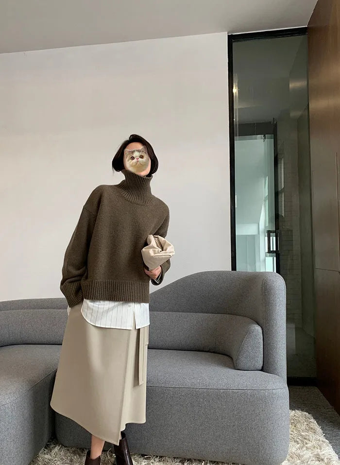 2023 Autumn and Winter New Thick  Sweater Women High Neck Pullover Sweater Warm Loose Knitted Base Sweater Jacket Tops