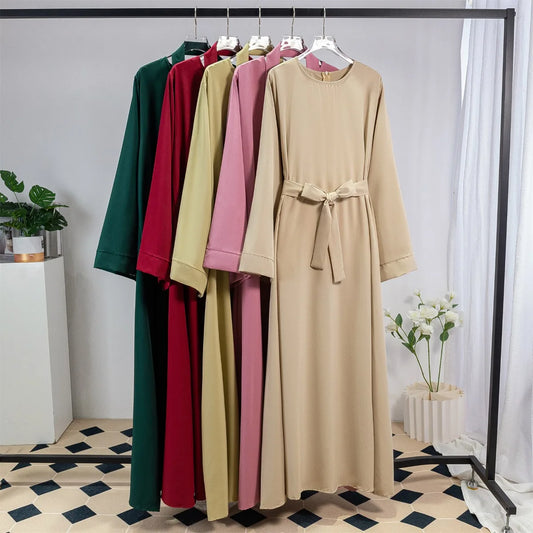 Muslim Abaya Women Kaftan Long Maxi Prayer Dress with Belt Full Sleeve.