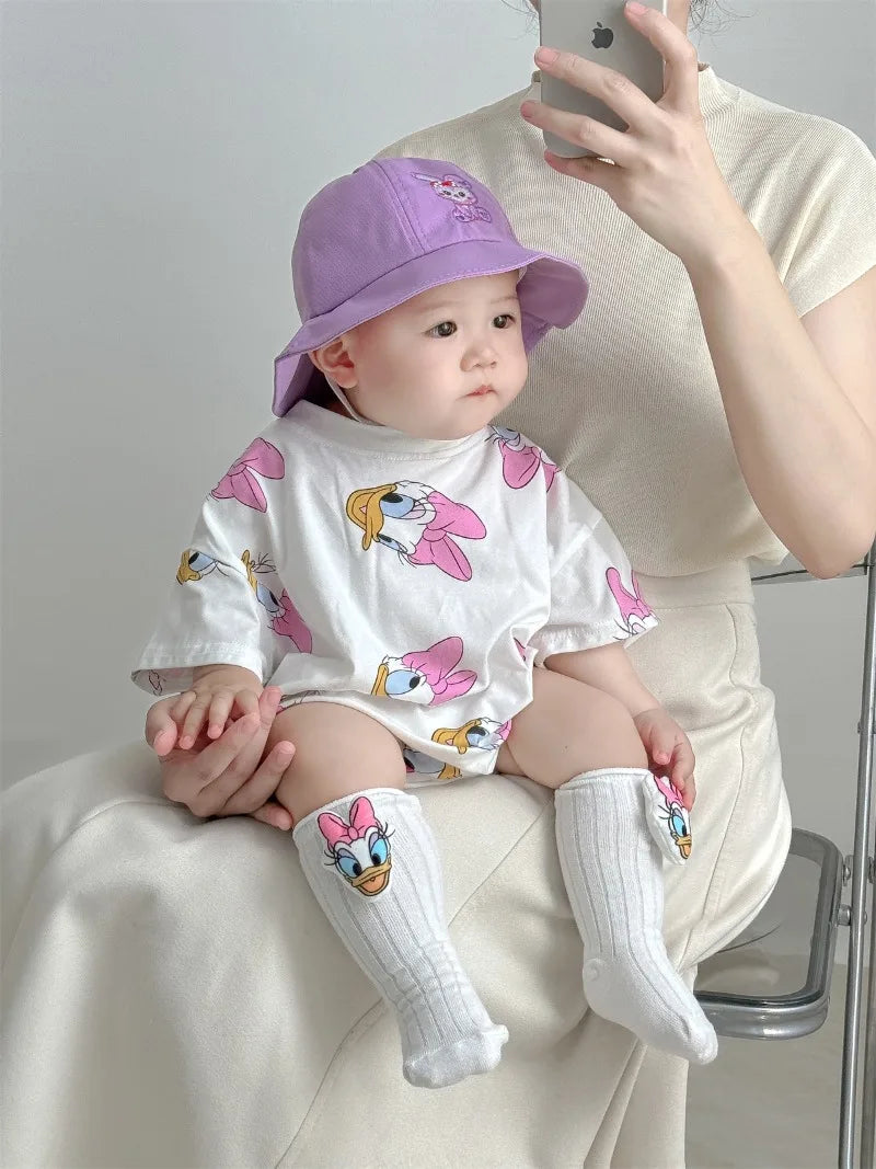 Baby Mädchen Bodys Jungen Neugeborenen Socken Hut 3PCS Kleidung Set Kurzarm Cartoon Daisy Donald Duck Infant Bodys K594-2.