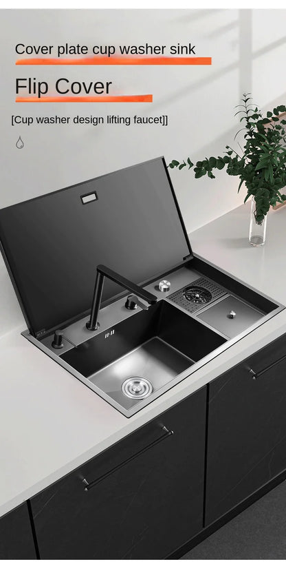 Multifunctional Nano Stainless Steel Kitchen Sink with Cover Plate, Thickened Single Basin Island Table Sink 88*51*22CM
