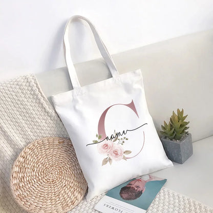 Custom Name White Canvas Tote Bag Large Capacity Foldable Supermarket Shopping Bag for Women Shopper Personalized Handbags