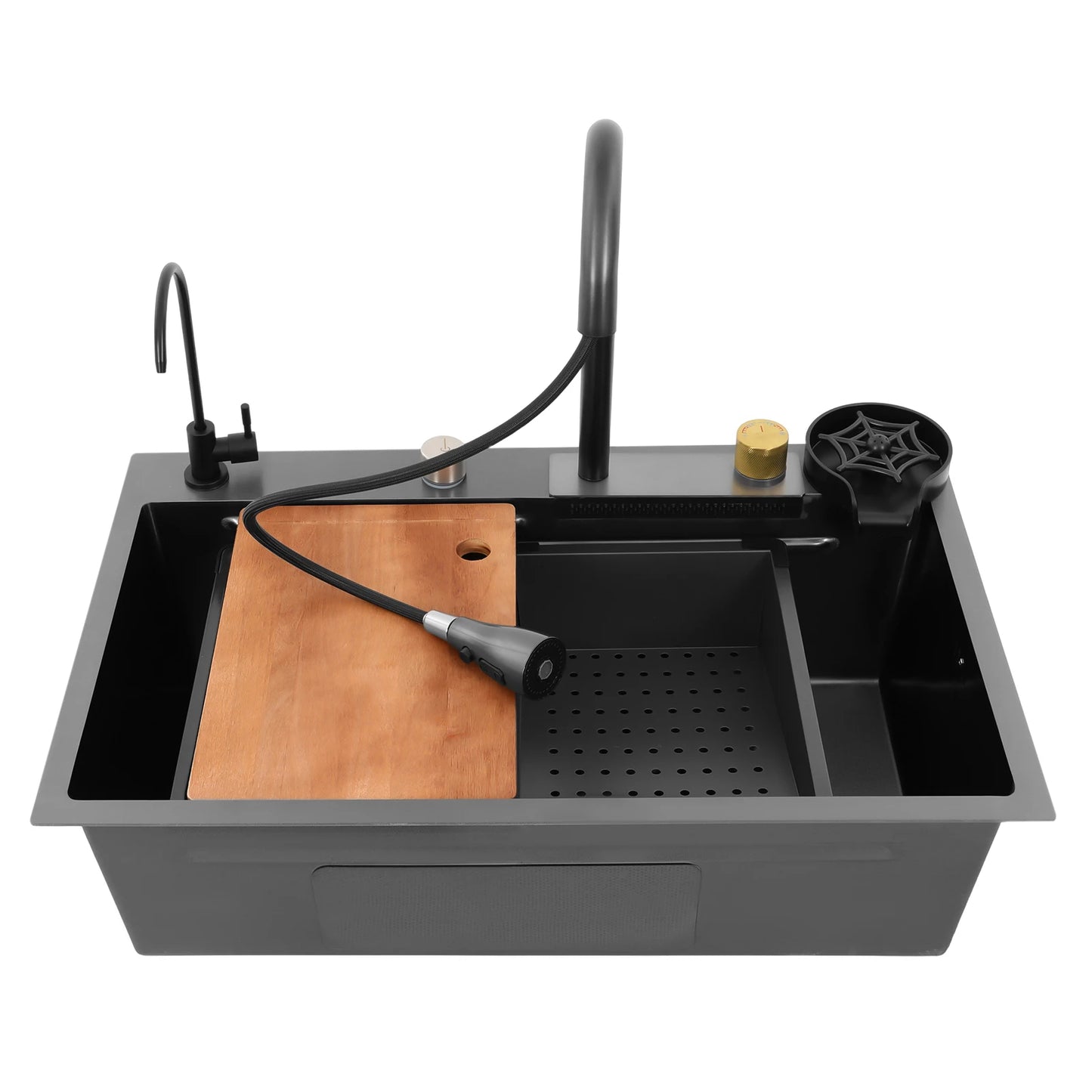 Edelstahl-Küchenspüle, Doppelbecken, Nano-Wabenstruktur, verstopfungssicher, mit ausziehbarem Wasserhahn für Zuhause, Restaurant, Bar