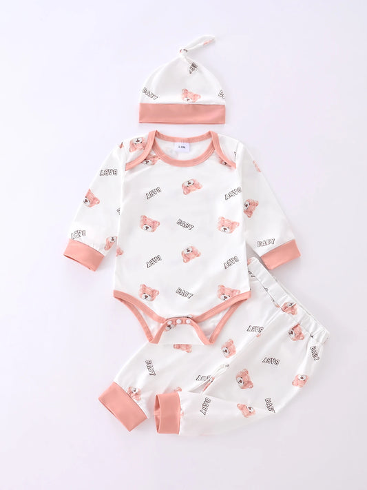 Unisex-Body für Neugeborene + Mütze + Hose, 3-teiliger Anzug für Jungen und Mädchen, niedlicher bedruckter einteiliger Strampler mit Rundhalsausschnitt für alle Jahreszeiten.