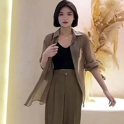 Sheer Chiffon Shirt Women's Casual UV Resistant Cardigan Summer Thin Commuting Coat Japanese Fashion Mesh Sunscreen Clothing Y2k
