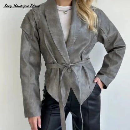 Women Vintage Brown Leather Jacket Lapel Padded Shoulder High Waist Leather Coat With Belt 2025 Lady Autumn Fashion Short Coats.