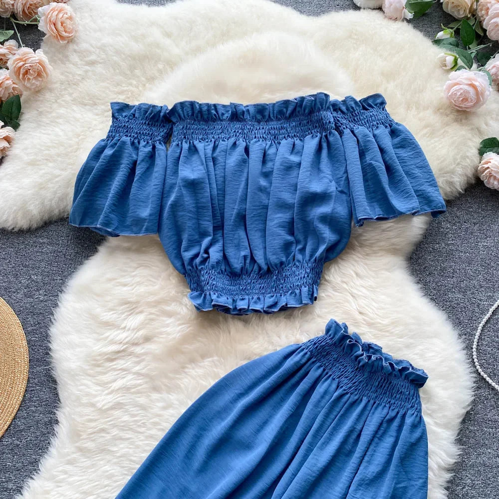 2024 Summer Green/Black/Red Two Piece Set Women Sexy Slash Neck Short Tops + High Waist Wide Leg Pants Female Suit New