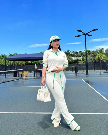 Active Wear Gestrickter lässiger Trainingsanzug für Damen, zweiteiliges Set, sportliches Fitness-gestreiftes Pullover-Oberteil und Hose mit weitem Bein, Jogging-Femme