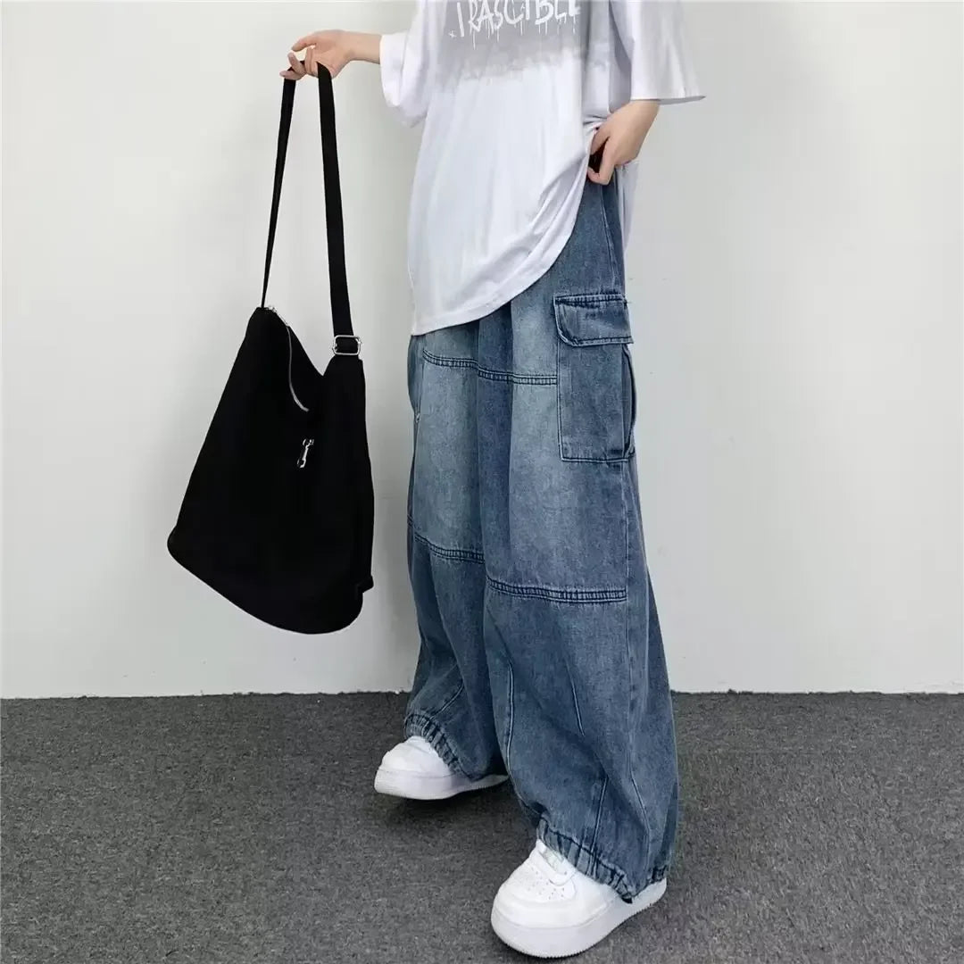 Japanese Vintage Wide-leg Pocket Cargo Pants Men's Autumn/winter New Trendy Brand Ins Unisex Loose Fit Straight Leg Jeans.