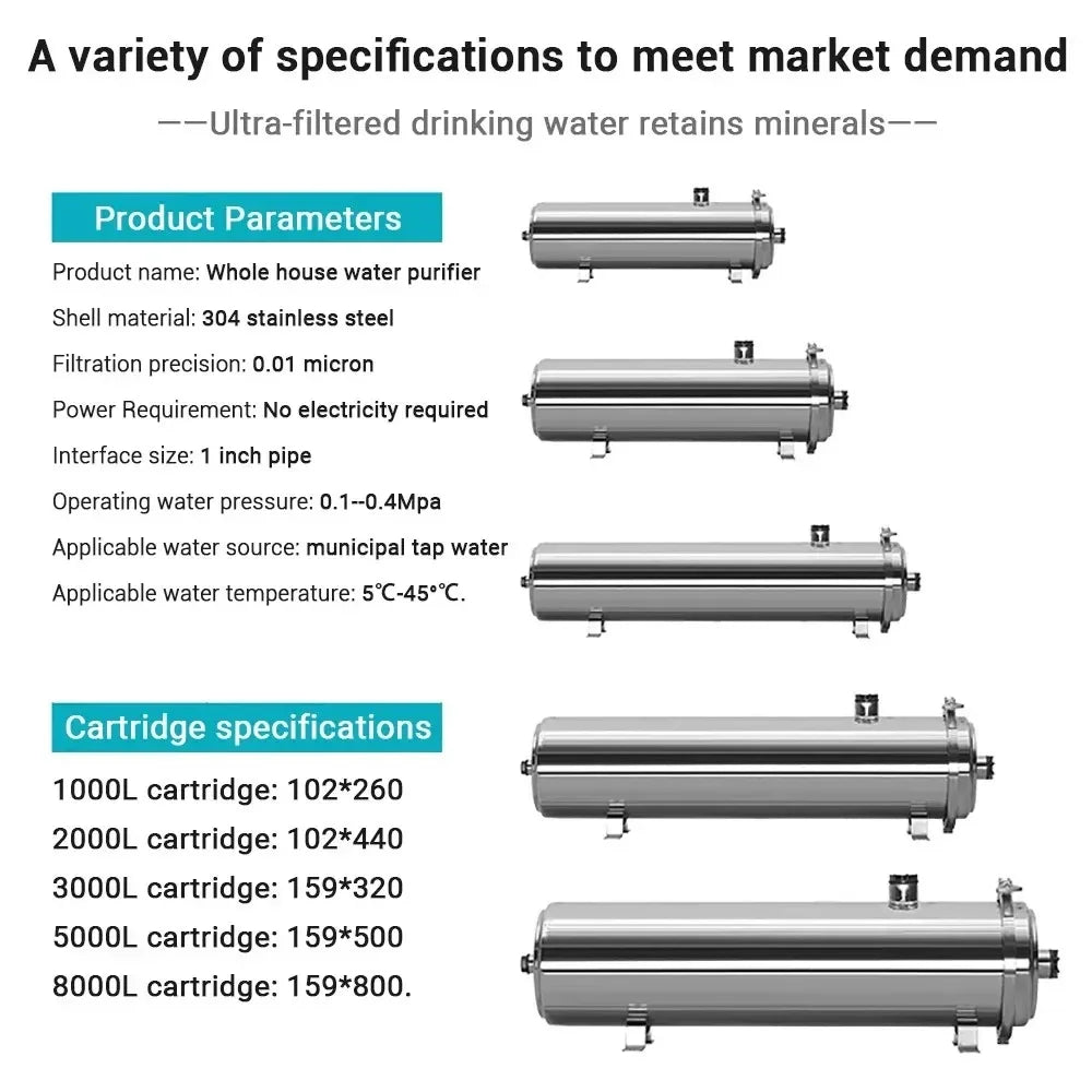DIVEDEER Water Purifier Filtration Purification Soften Ultration Water Filter 0.01um SUS304 Whole House Water Purifier PVDF.