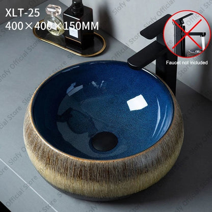 Vintage Elegant Countertop Washbasin Classic Blue Art Hotel Ceramic Basins Sink Multiple Styles Outdoor Balcony Bathroom Sinks