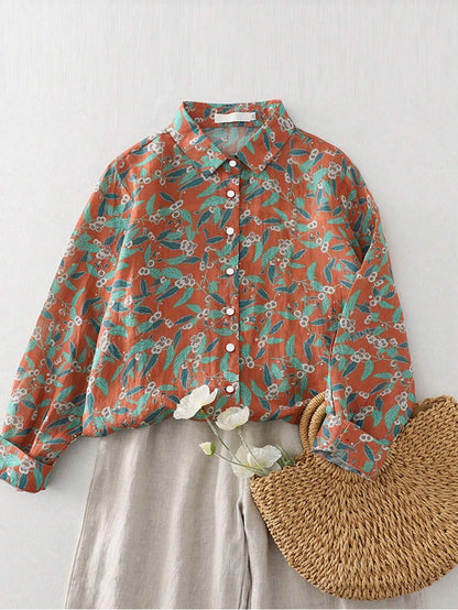 Ladies long sleeve shirt new style floral pattern shirt French style simple daily button casual women's top.