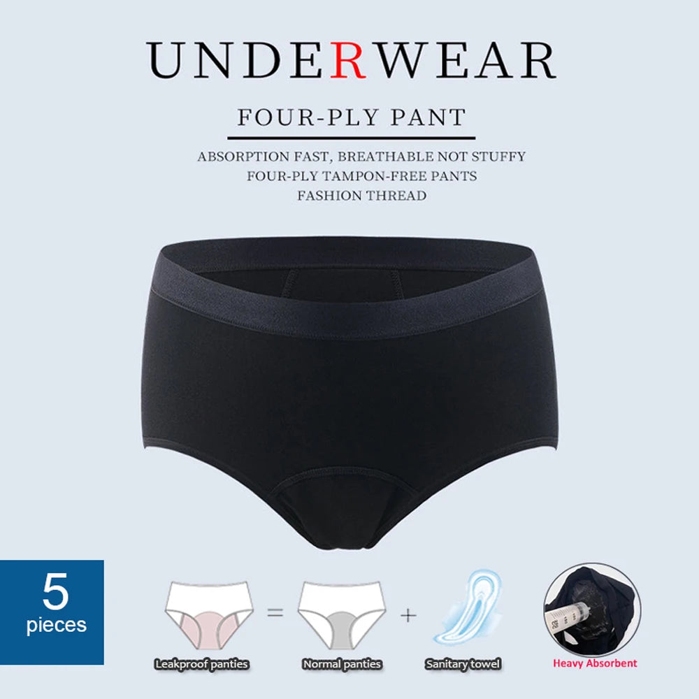 5Pcs/Set Heavy Absorbency Menstrual Panties  4 Layer Leakproof Women's Period Underwear Comfortable For Day Incontinence Briefs.