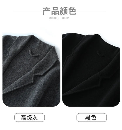 100%Cashmere Suit Men's Suit Collar Knitted Cardigan Business Casual Coat High Waisted Knitted Shorts Winter Thick Two-piece Set.