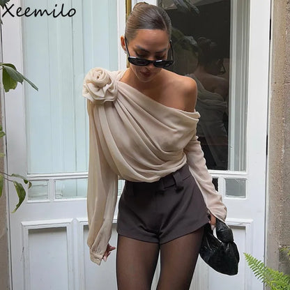 WhereMery Sexy Irregular Oblique-neck Flower Applique T Shirt Summer Off Shoulder Fashion Long Sleeve Crop Tops Street Mesh Tees.