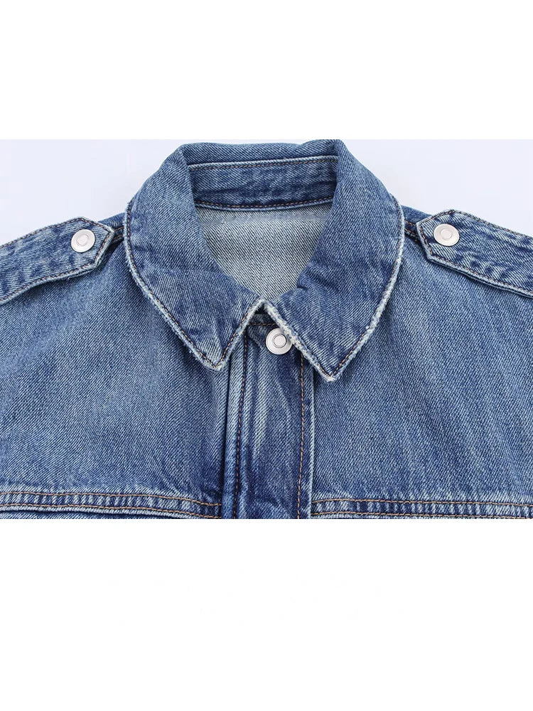 HH Women Denim Pant Sets Turn-Down Collar Long Sleeves Belt Autumn Coats+Pockets Loose High Waist Zipper Hemming Trousers.