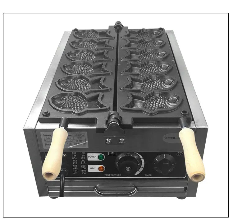 XEOLEO Taiyaki Maker Fish Waffle Machine Fish Cake Baking Machine 6 Pcs Fish Ice Cream Waffle Maker 3000W Non-stick Pan.