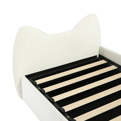 Polsterbett, Einzelbett, süßes Katzendesign, hydraulisches Bett mit Stauraum und Gürtelgriffen, stabiler Gitterrost, 90 x 200 cm