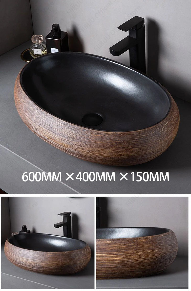 Braunes Porzellan-Keramik-Waschbecken über der Theke, Waschtisch, Schüsselbecken, Badezimmer, Sanitär, Balkon, Tisch, Waschbecken, Arbeitsplatte, ovales Waschbecken