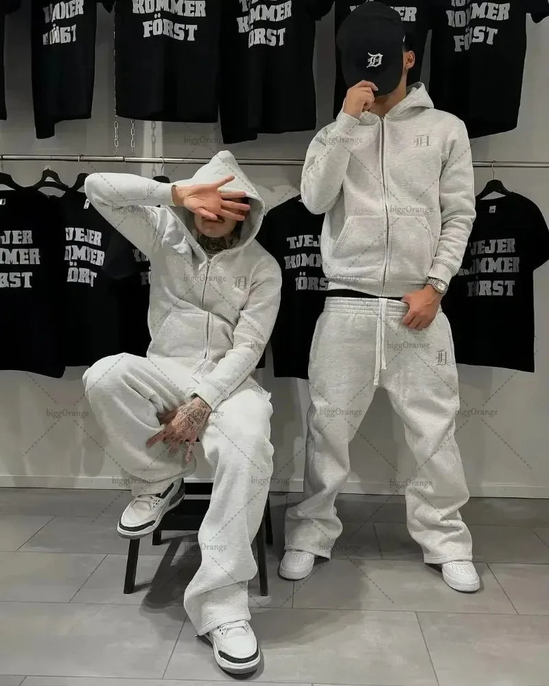 Europäischen und Amerikanischen Retro Männer Anzug Brief Gestickte Zipper Hoodie Frauen Modische Casual Lose Grau Gerade Hosen.