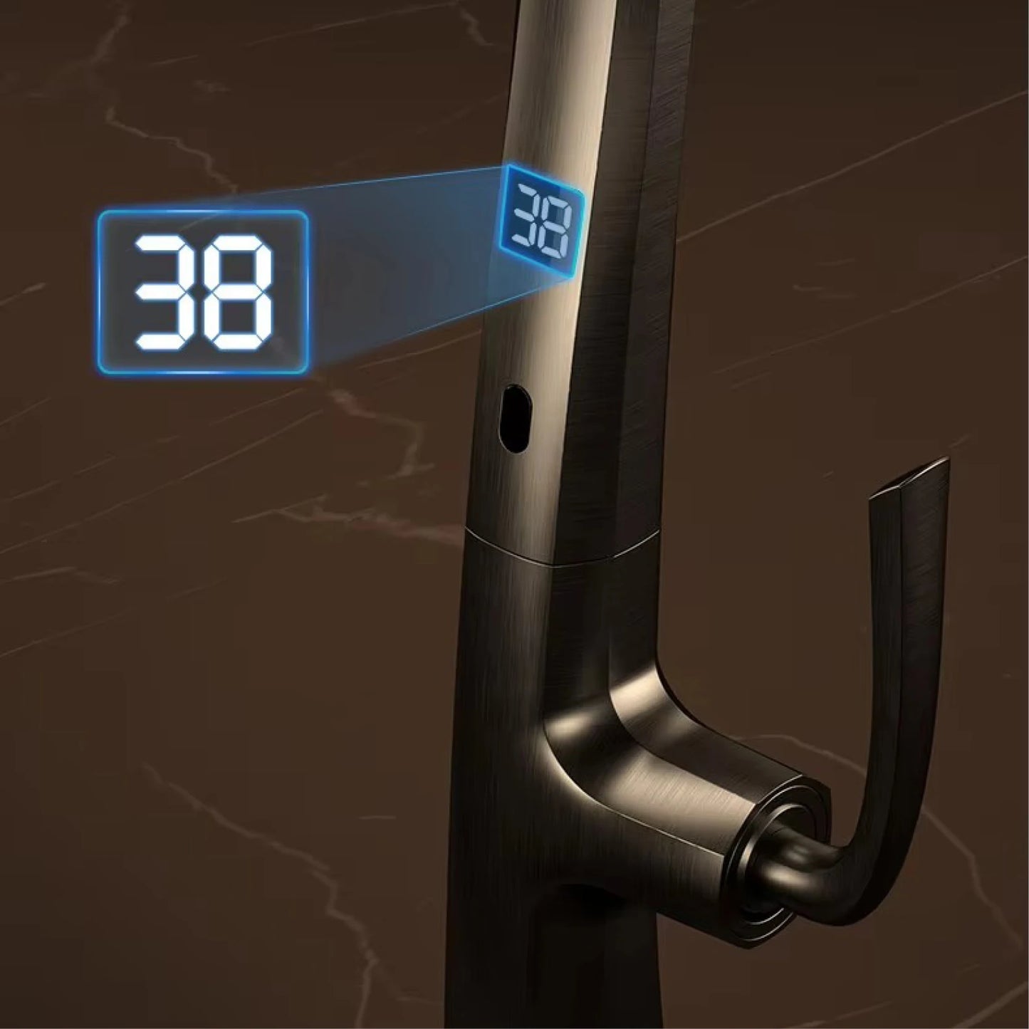 AITANA Gun Grey Luxury Brass LED Display Kitchen Faucet，Touchless Sensor，Pull-Out 3-Function Spray Water-Saving SinK Mixer