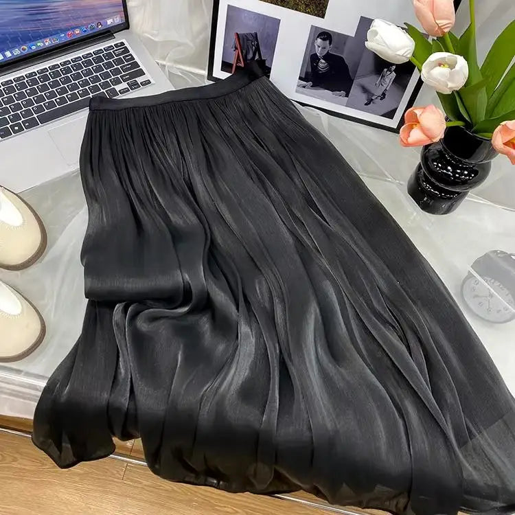 2025 Spring/Summer New Luster  A-line Women Skirt Solid Color High Waist French Paris Style Elegant Asymmetrical Skirt