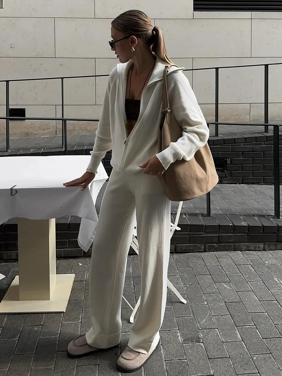 Tornova Zipper Strickjacke Pullover Anzug Weibliche Gestrickte Langarm Casual Mantel Breitbeinig Hosen Pullover frauen Zwei Stück Set