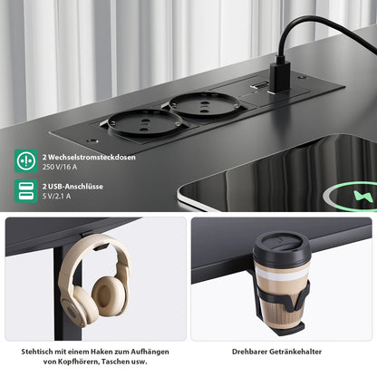 COSYHOMES-Höhenverstellbarer L-Förmiger Schreibtisch, 160 × 120 Cm, Mit Steckdosen, Einstufig, Schwarz