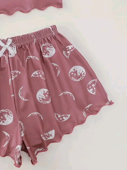 Frauen Pyjama Nachtwäsche Pyjama Set Sport Leibchen und Shorts rosa schwarz Mond und Planet drucken Sommer bequeme Freizeit anzug.