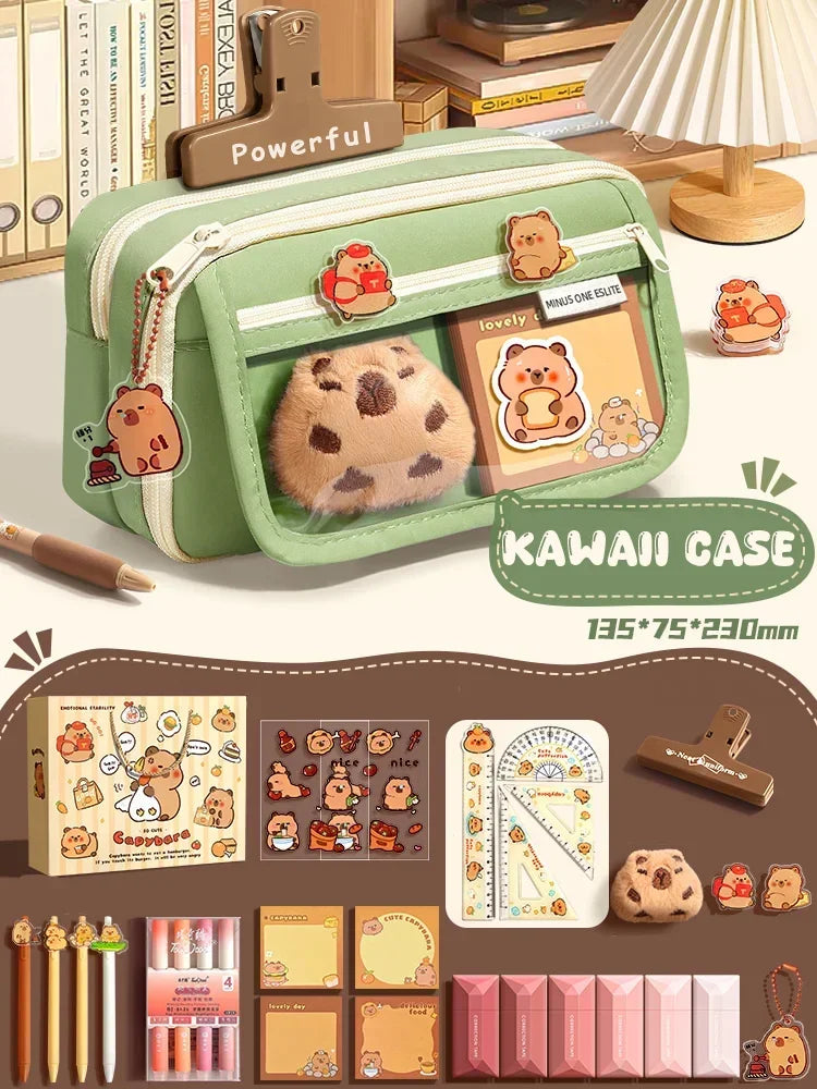 Große Kapazität Bleistift Tasche Capybara Cartoon Leinwand Schreibwaren Halter Tasche Mit Broschen Aufkleber Clips Schlüsselanhänger Kinder Stift Fall.