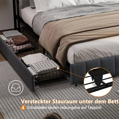Rosahqnda Doppelbettgestell 140–160 x 200 cm mit LED, USB und Schubladen, gepolstertes Jugendbett, Wohnungsbett, Gästezimmer, Leinen, Grau