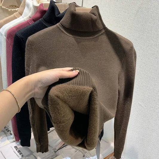 2025 neue Verdicken Hohe Kragen Pullover frauen Pullover Top Winter Warme und Weiche Einfarbig Inneren Tragen Bodenbildung Shirt