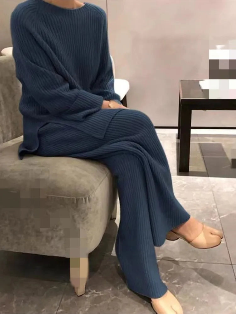 2024 Autumn Winter New Women's Fashion Fashionable Age Reducing Two Piece Pants Knitted Sweater Straight Leg Pants Set For Women.