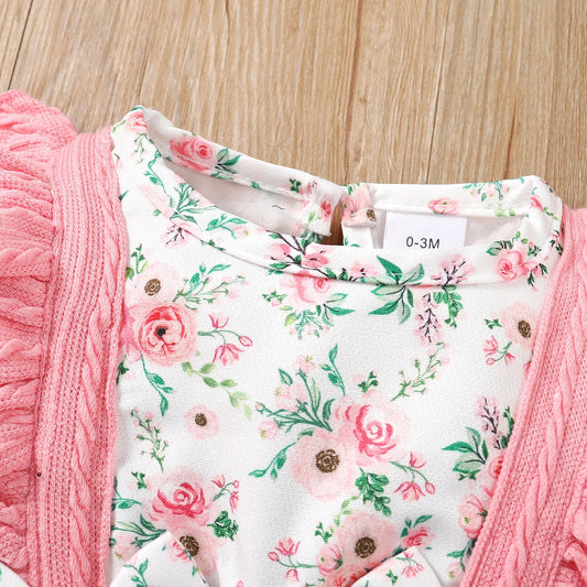 Strampler für Neugeborene, Mädchen, 0–18 Monate, niedliches Blumenmuster, langärmelig, mit Schleife, Body + Stirnband, Frühlings- und Herbst-Overall für Kleinkinder