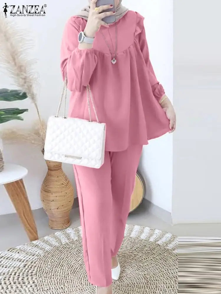 ZANZEA Women Elastic Waist Trouser 2pcs Tracksuit Muslim Fashion Long Sleeve Ruffles Tops Turkey Pant Sets Elegant Matching Sets.